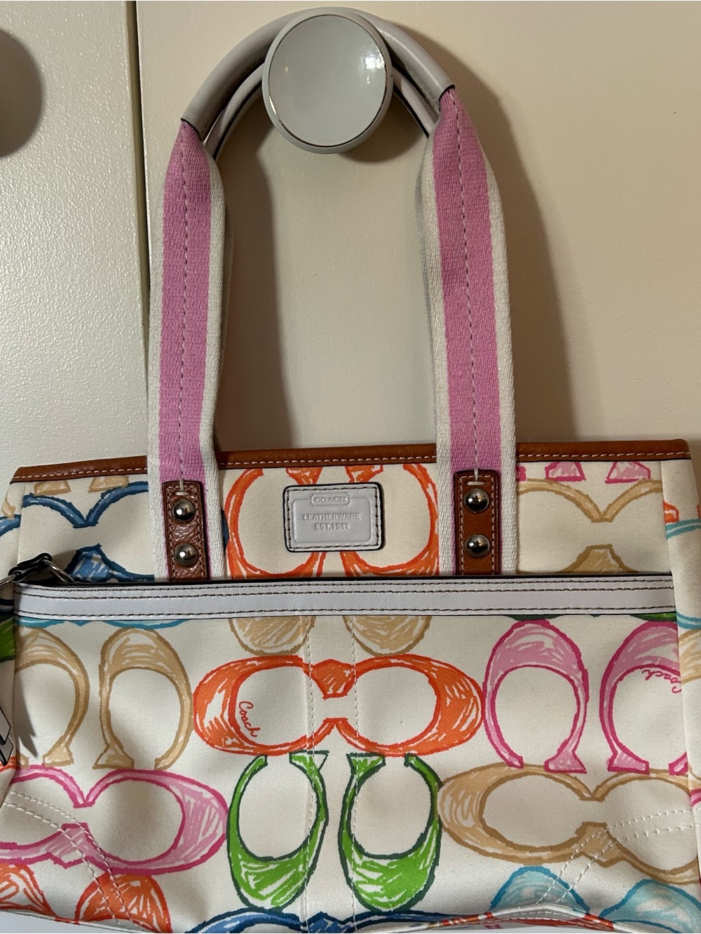 Coach Multicolor Canvas Tote with Pink Handles